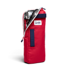 A front shot of big frosty golf cooler bag in red and blue unzipped showing canned drinks inside