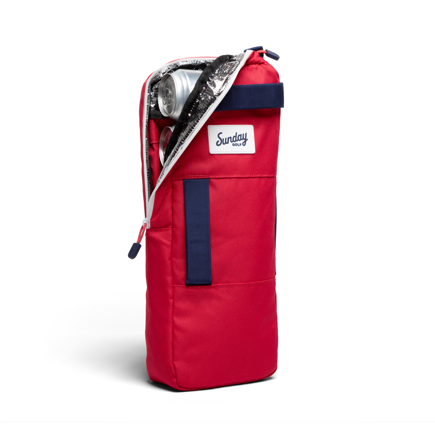 A front shot of big frosty golf cooler bag in red and blue unzipped showing canned drinks inside