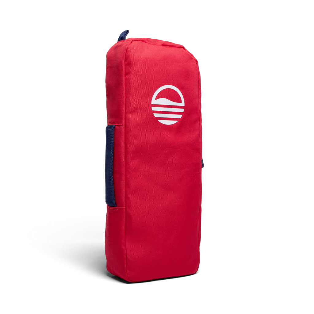 A rear shot of big frosty golf cooler bag in red and blue with gloss white logo 