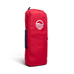 A rear shot of big frosty golf cooler bag in red and blue with gloss white logo 
