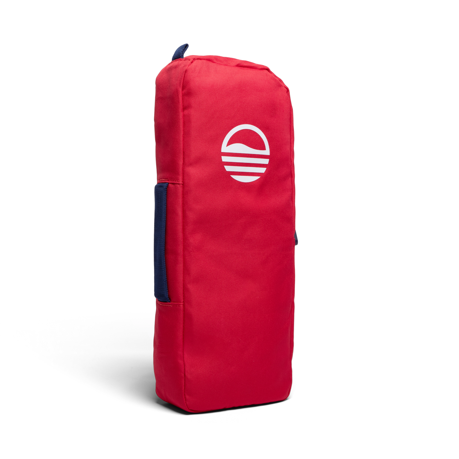 A rear shot of big frosty golf cooler bag in red and blue with gloss white logo 