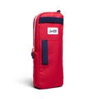 A front shot of big frosty golf cooler bag in red and blue fully zipped