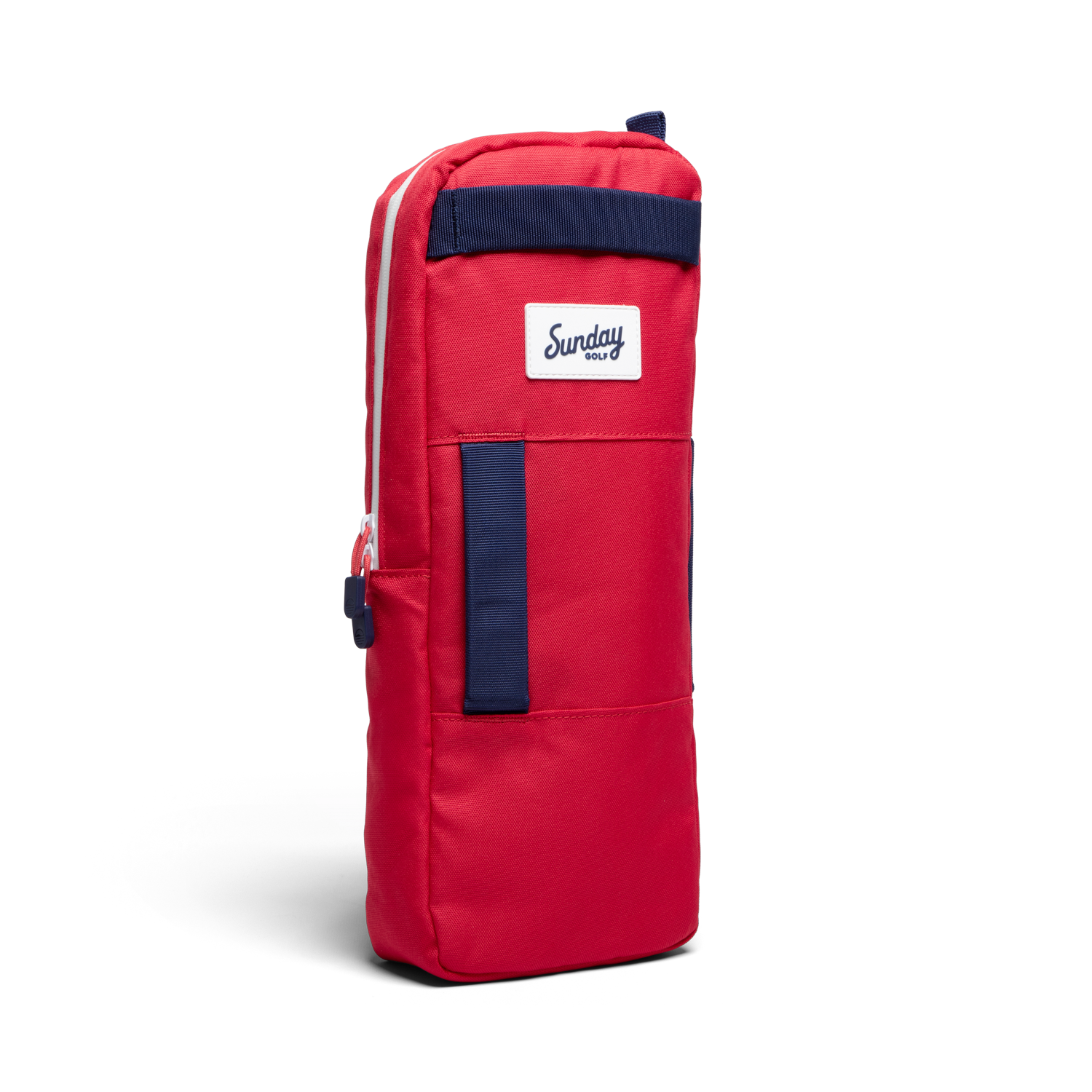 A front shot of big frosty golf cooler bag in red and blue fully zipped