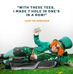 Lucky the Leprechaun holding a tee bag of golf bamboo tees