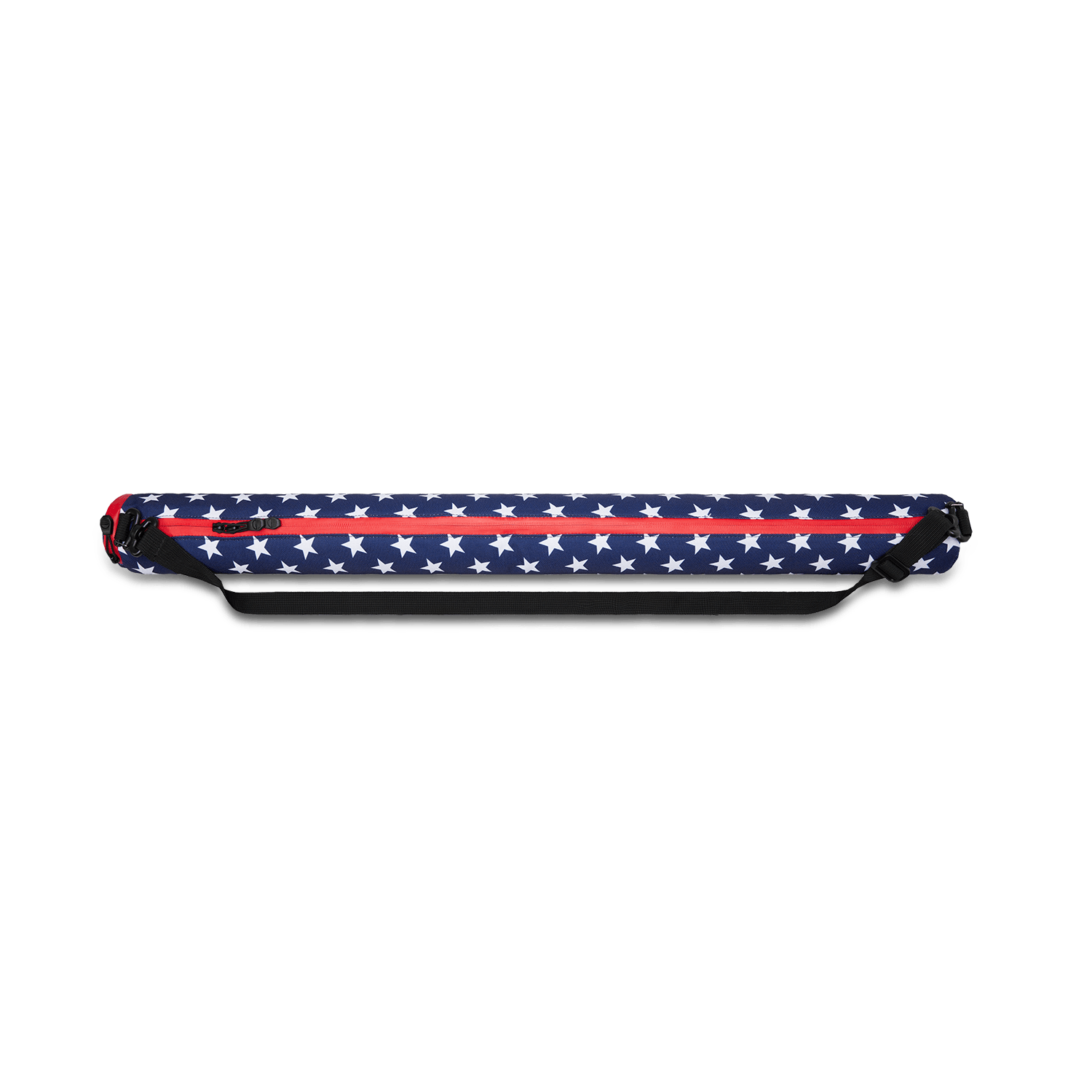 Beer Sleeve Cooler with American flag on print and coated zipper closure fully closed