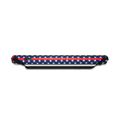 Beer Sleeve Cooler with American flag on print and coated zipper closure fully closed
