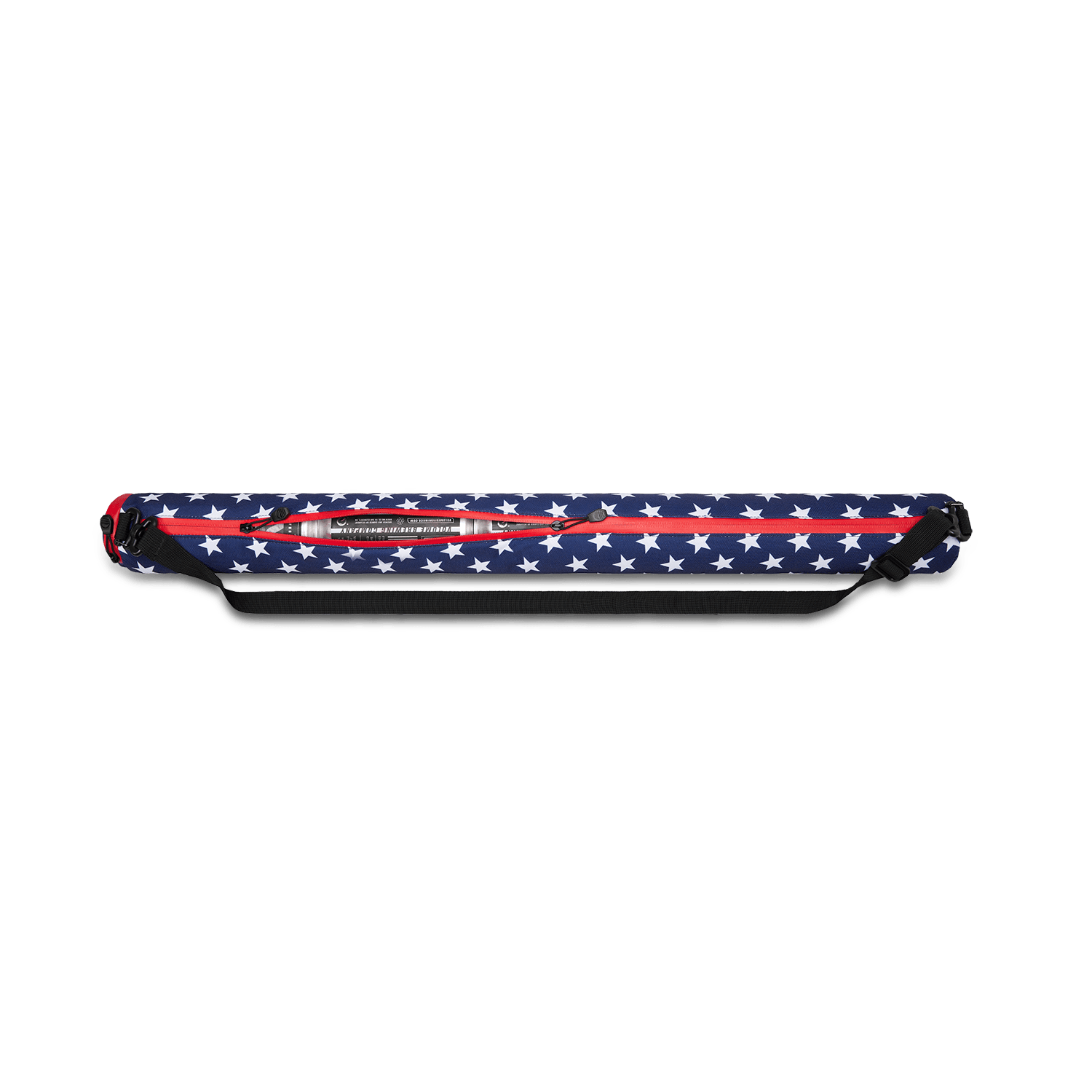Beer Sleeve Cooler with American flag on print and coated zipper closure half-closed