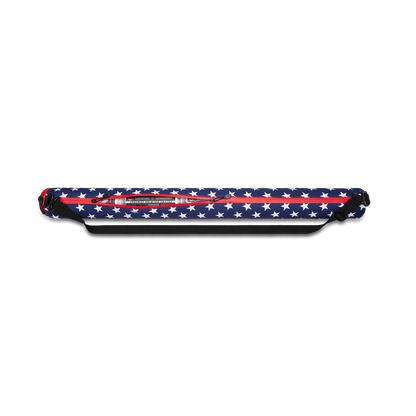 Beer Sleeve Cooler with American flag on print and coated zipper closure half-closed