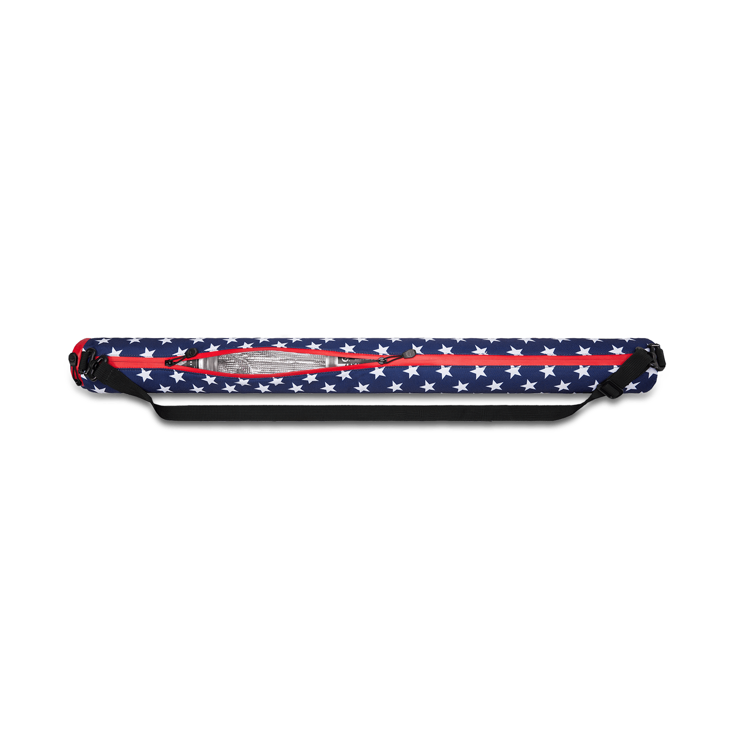 Beer Sleeve Cooler with American flag on print and coated zipper closure half-closed
