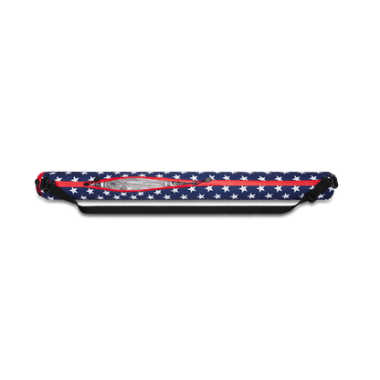 Beer Sleeve Cooler with American flag on print and coated zipper closure half-closed