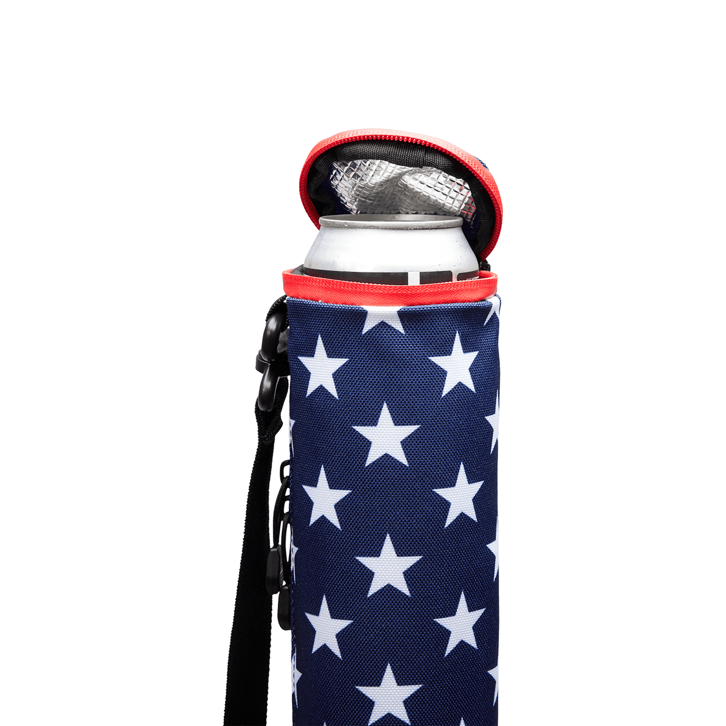 Beer Sleeve Cooler with American flag on print and a canned drink inside