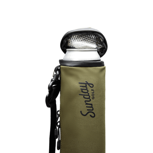 Beer Sleeve Cooler in olive with canned drink inside