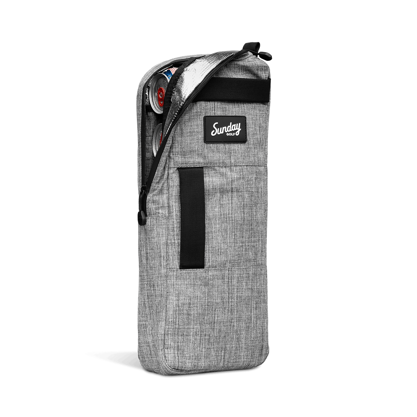 A front shot of big frosty golf cooler bag in heather gray partially unzipped showing canned drinks