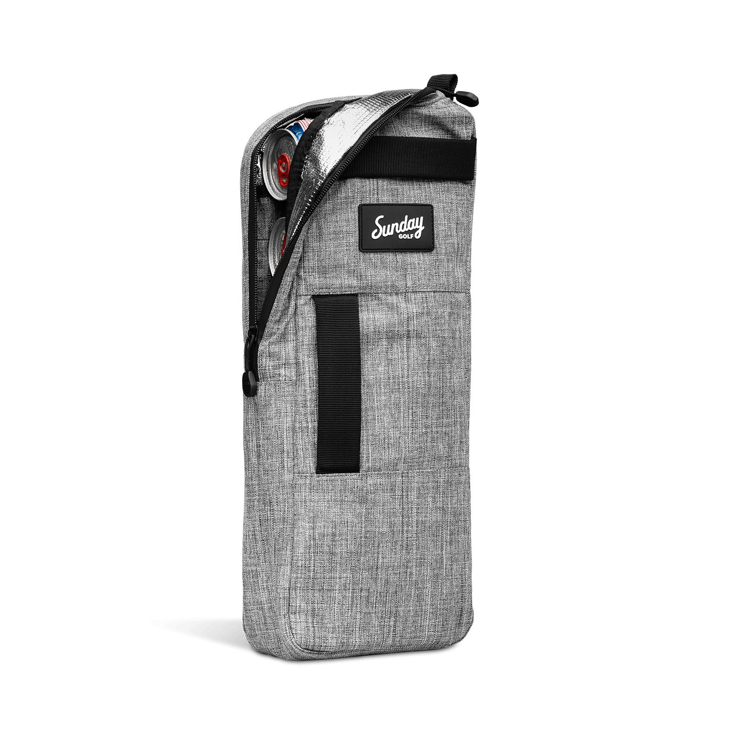 A front shot of big frosty golf cooler bag in heather gray partially unzipped showing canned drinks