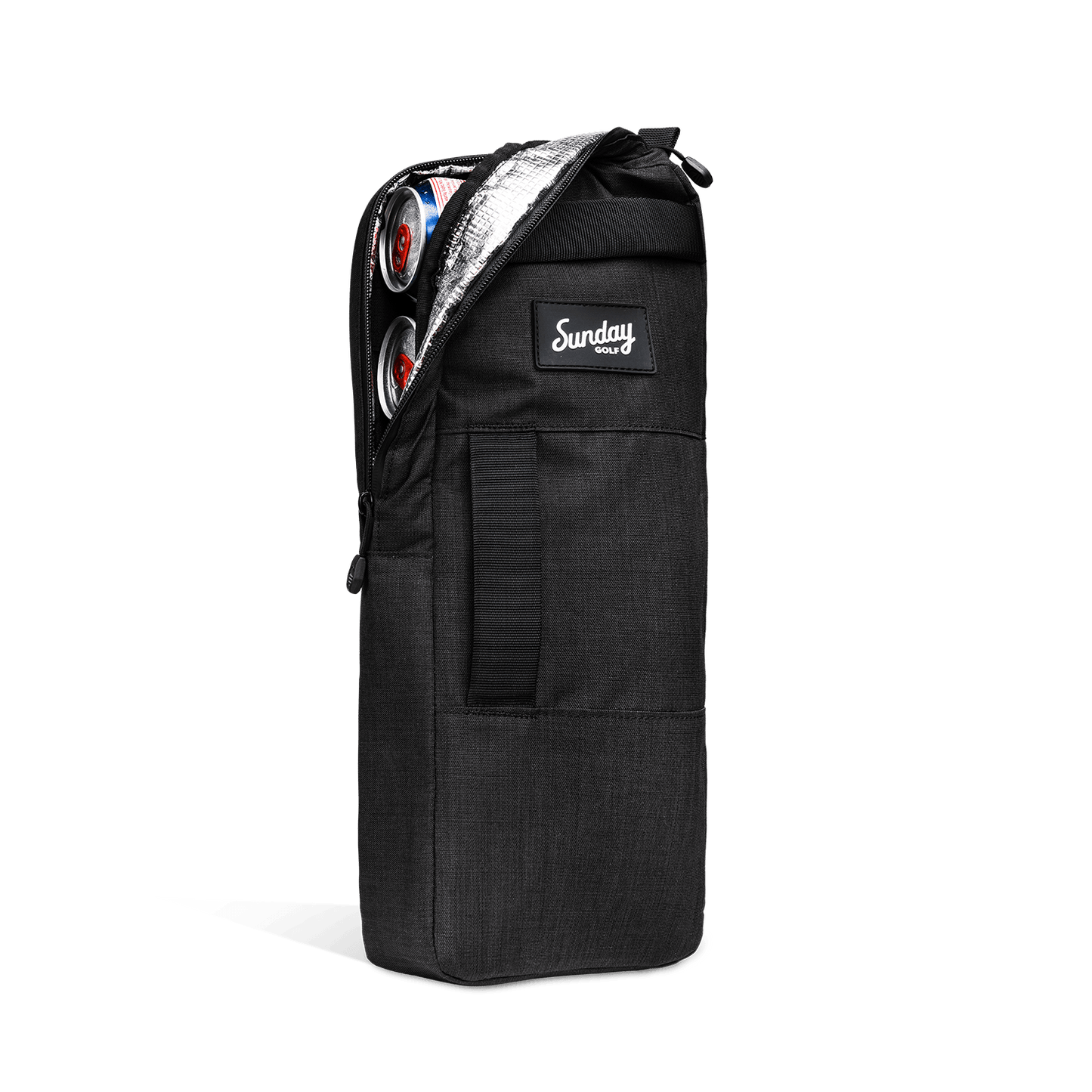 A front shot of big frosty golf cooler bag in matte black partially unzipped showing canned drinks inside