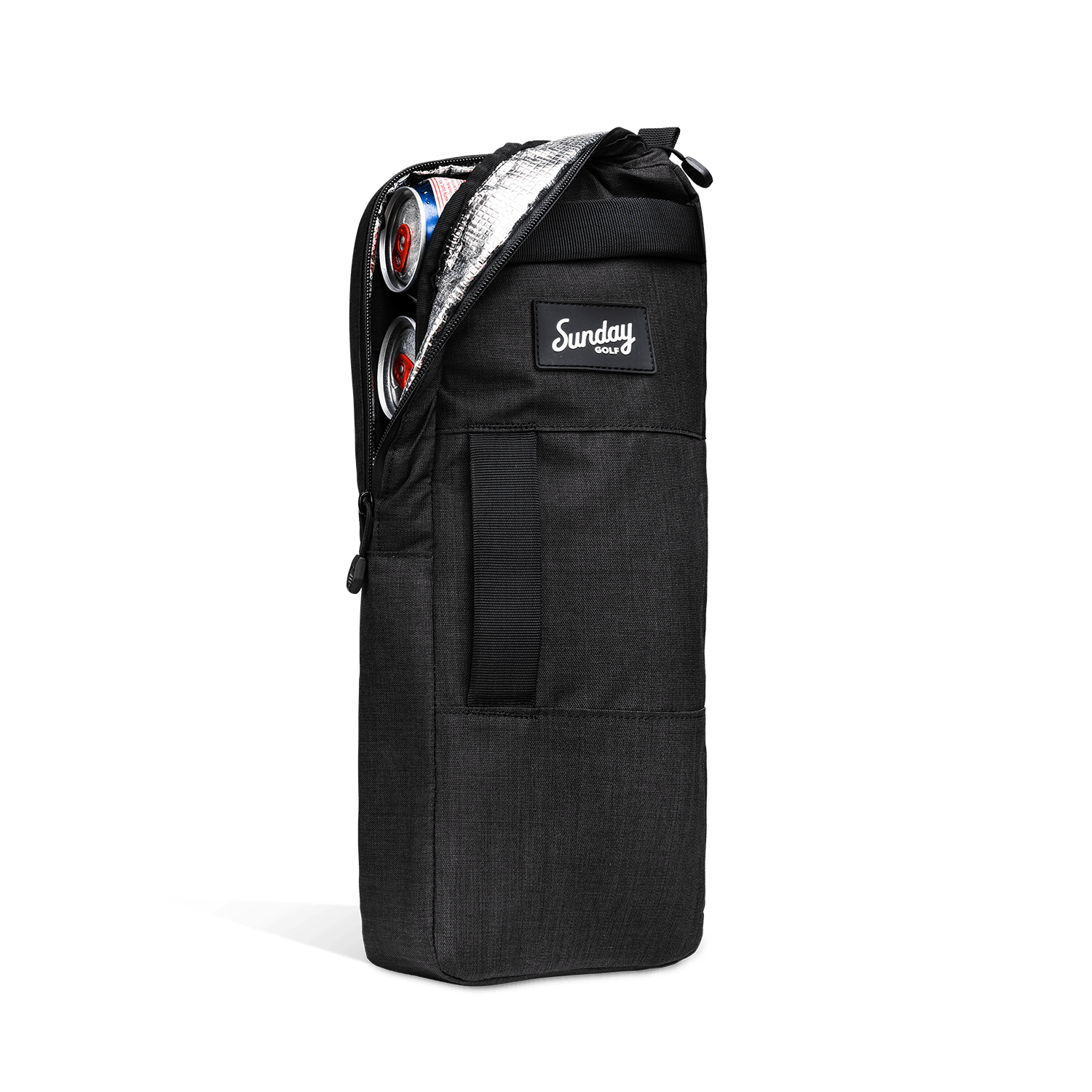 A front shot of big frosty golf cooler bag in matte black partially unzipped showing canned drinks inside