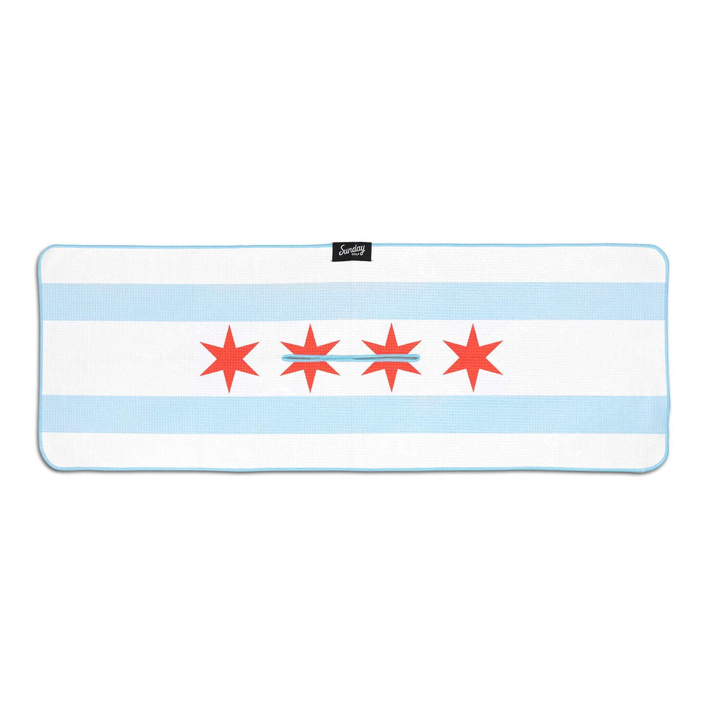 Front view of Chicago flag golf towel