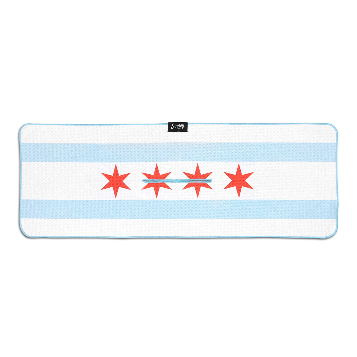 Front view of Chicago flag golf towel