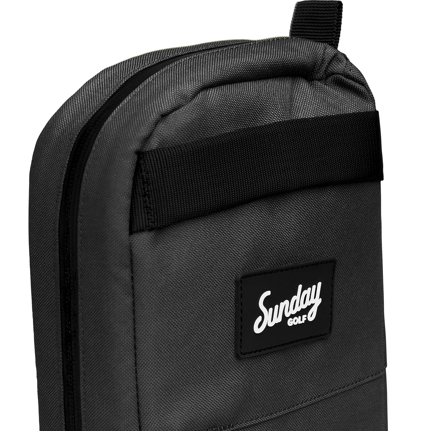 A close up shot of big frosty golf cooler bag in matte black fully zipped