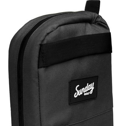 A close up shot of big frosty golf cooler bag in matte black fully zipped