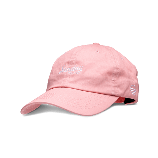 Front shot of coral pink dad golf hat