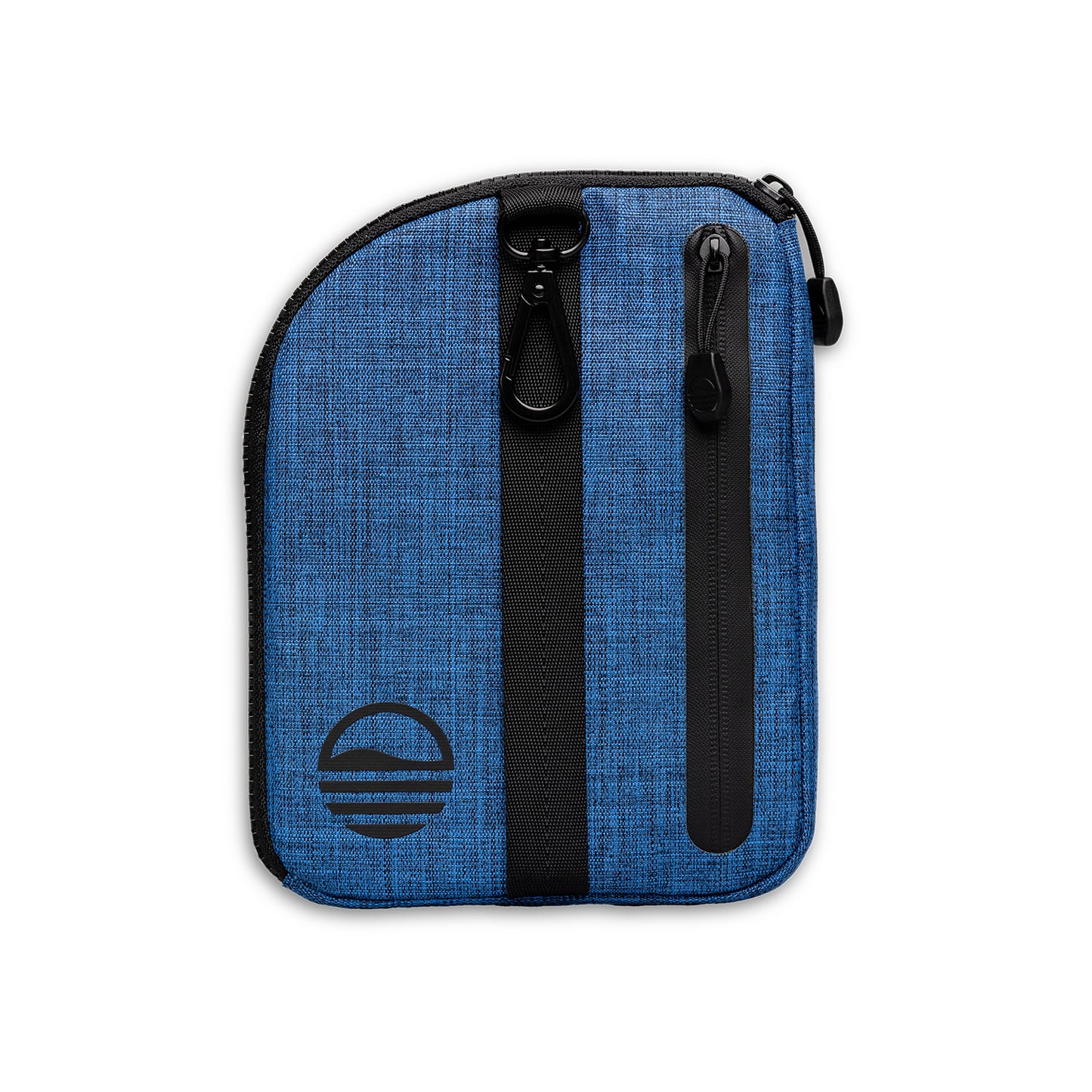 Rear view of cobalt blue nickel bag valuables pouch that can be paired with golf bag