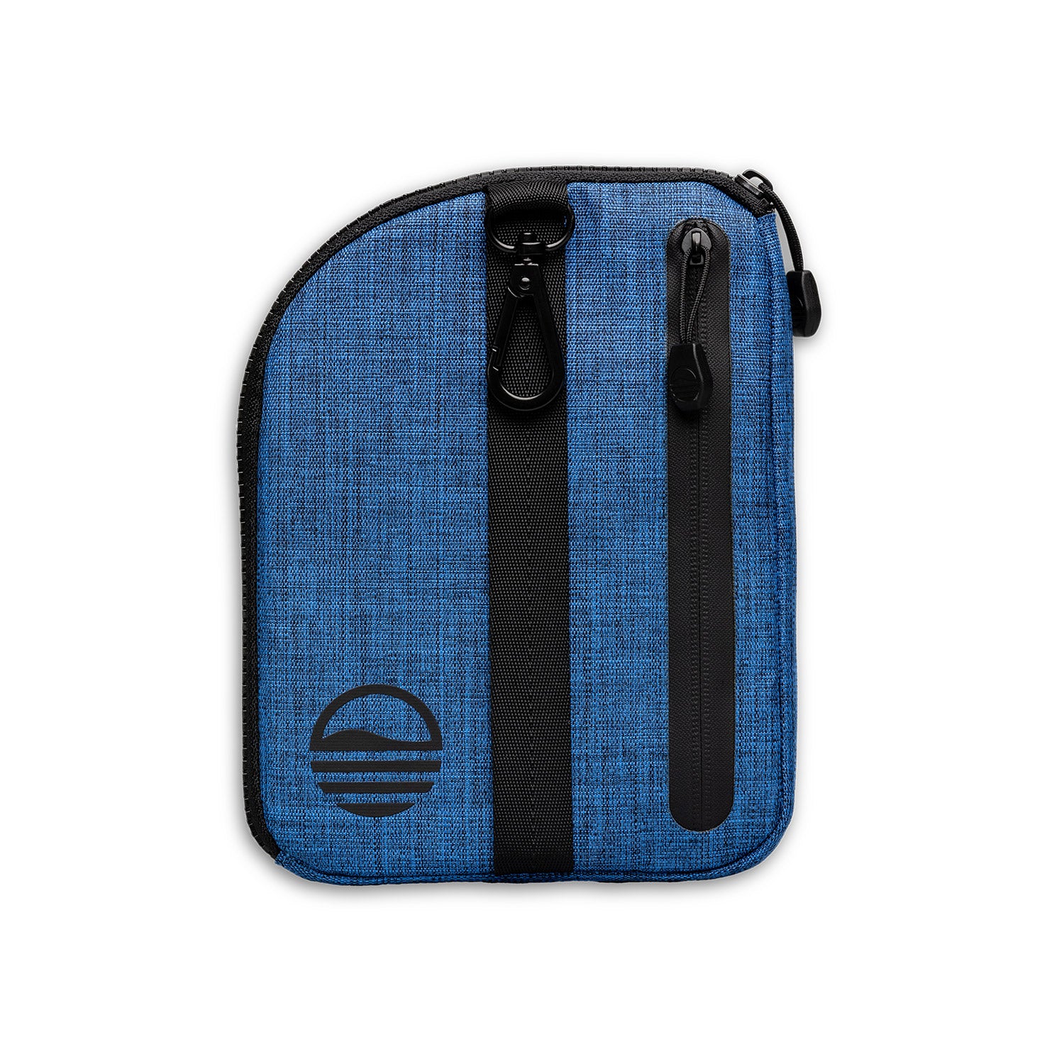 Rear view of cobalt blue nickel bag valuables pouch that can be paired with golf bag