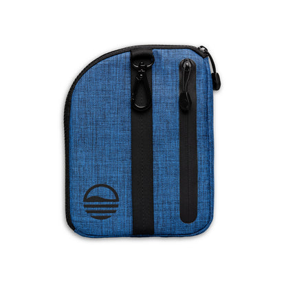 Rear view of cobalt blue nickel bag valuables pouch that can be paired with golf bag