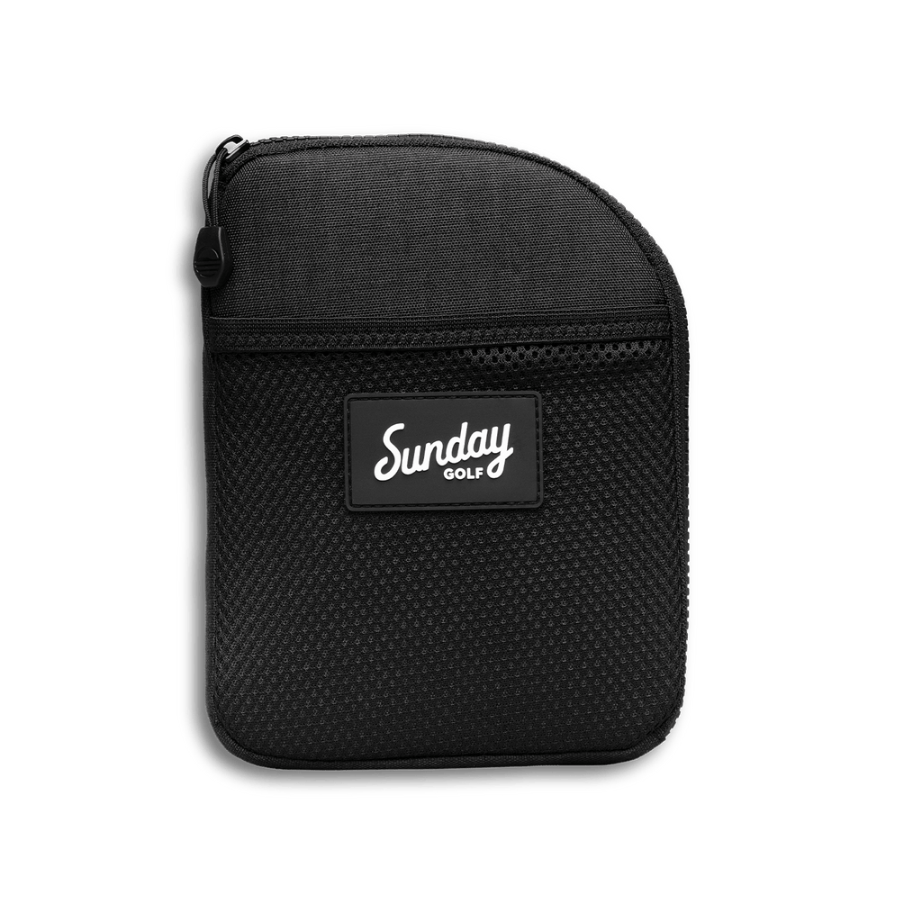 Front shot of matte black nickel bag valuables pouch that can be paired with golf bag
