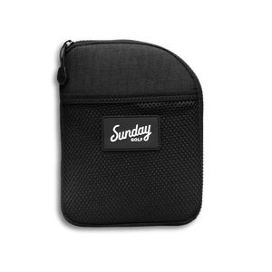 Front shot of matte black nickel bag valuables pouch that can be paired with golf bag