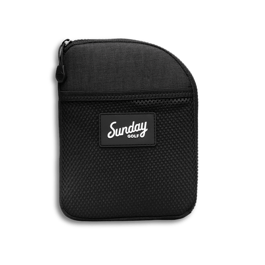 Front shot of matte black nickel bag valuables pouch that can be paired with golf bag