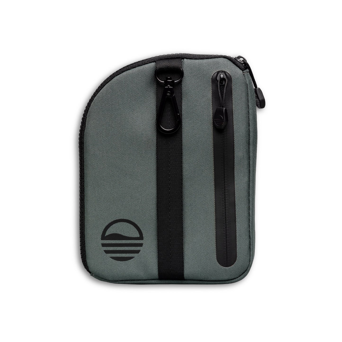 Rear view of midnight green nickel bag valuables pouch that can be paired with golf bag