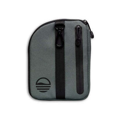 Rear view of midnight green nickel bag valuables pouch that can be paired with golf bag