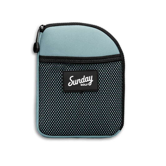 Front shot of seafoam green nickel bag valuables pouch that can be paired with golf bag