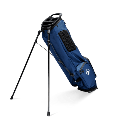 A full shot of standing El Camino golf bag in cobalt blue facing backward