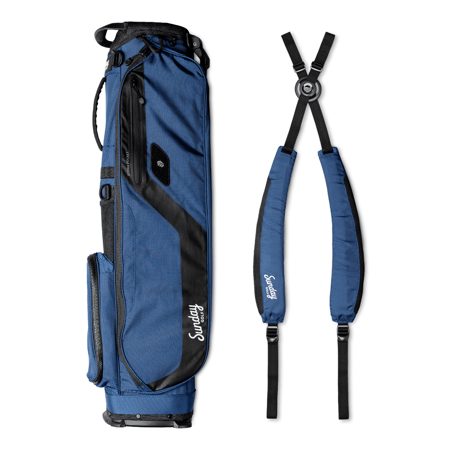A full shot of El Camino golf bag in cobalt blue laying flat sideways beside its matching double strap