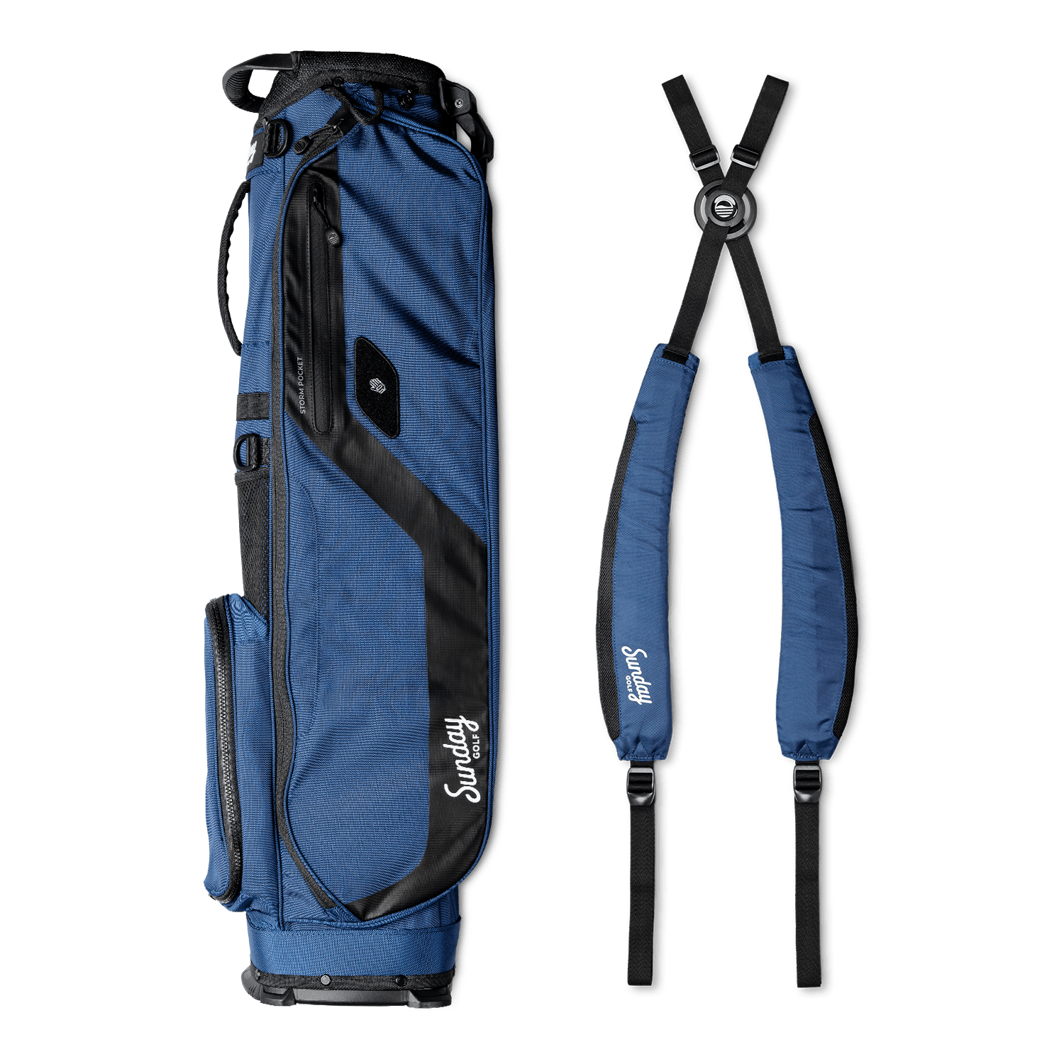 A full shot of El Camino golf bag in cobalt blue laying flat sideways beside its matching double strap
