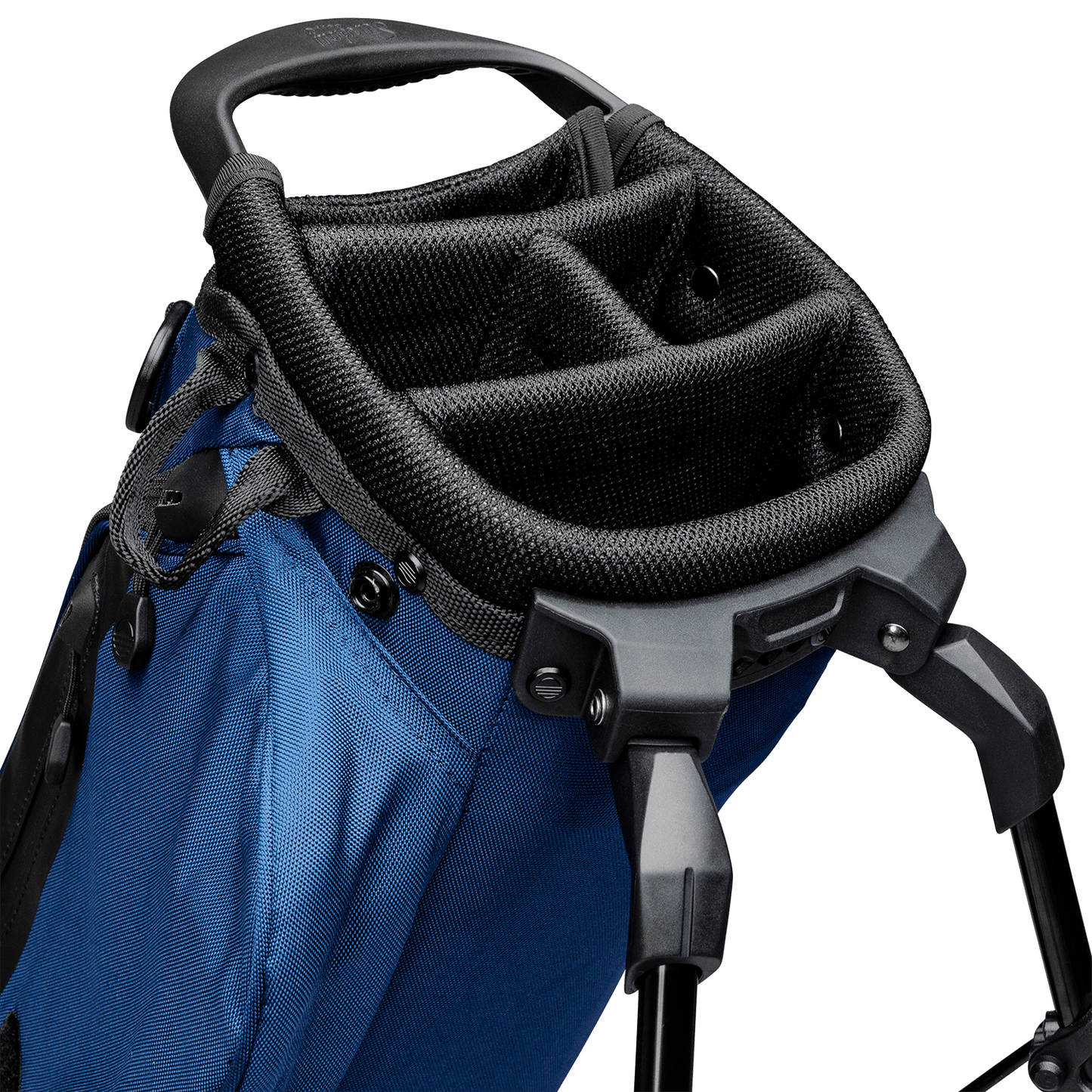 A close up top view of a cobalt blue El Camino golf bag's 4 way divider