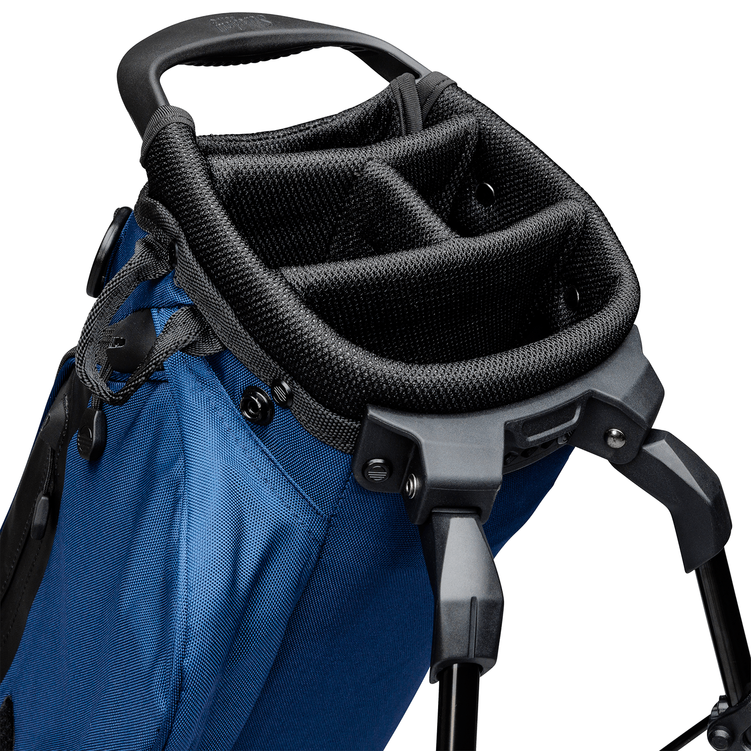 A close up top view of a cobalt blue El Camino golf bag's 4 way divider