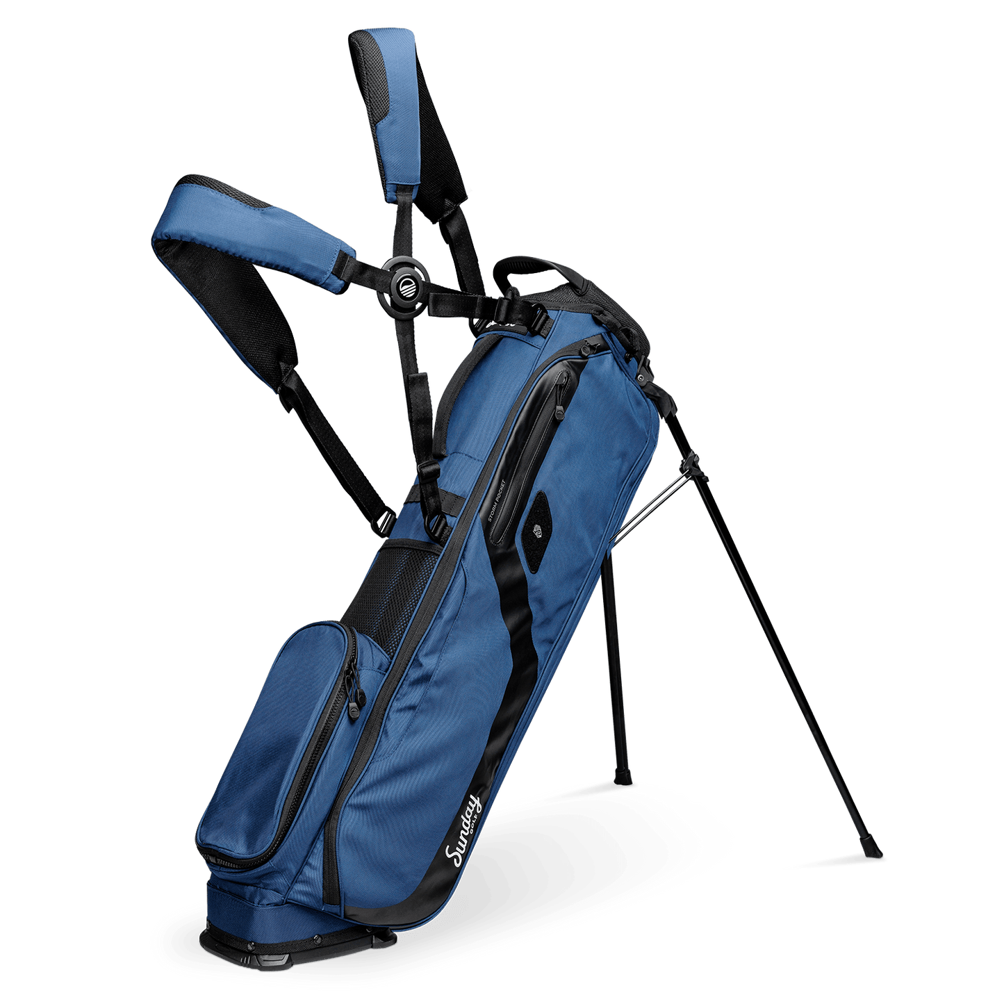 A full front shot of standing El Camino golf bag in cobalt blue with double strap