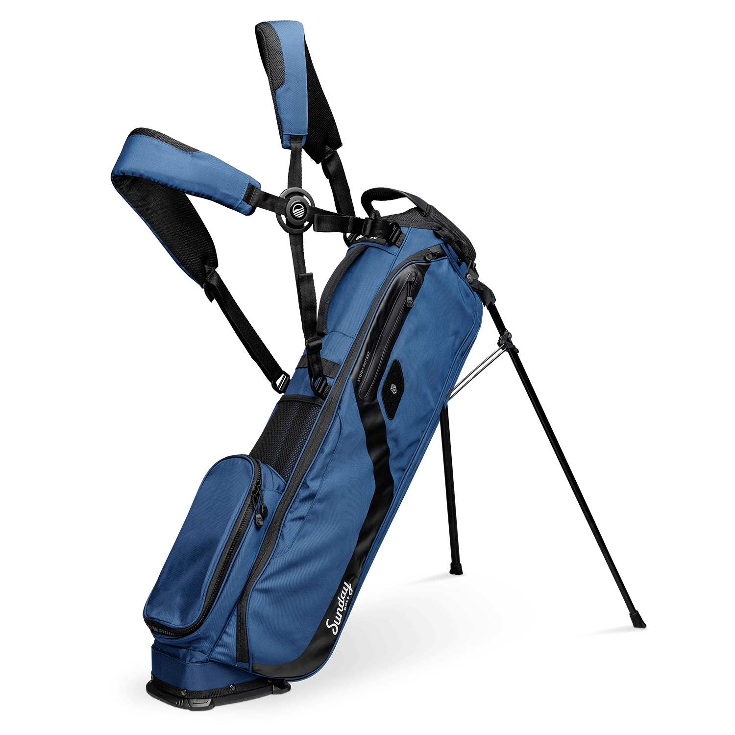 A full front shot of standing El Camino golf bag in cobalt blue with double strap