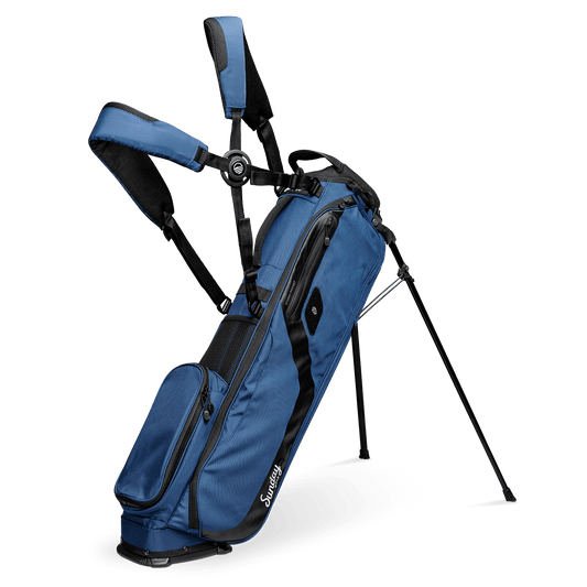 A full front shot of standing El Camino golf bag in cobalt blue with double strap