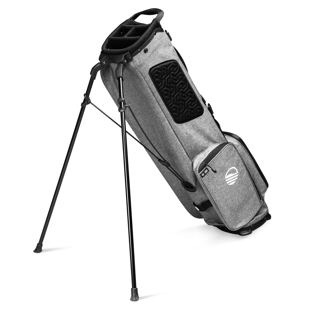 A full shot of standing El Camino golf bag in heather gray facing backward