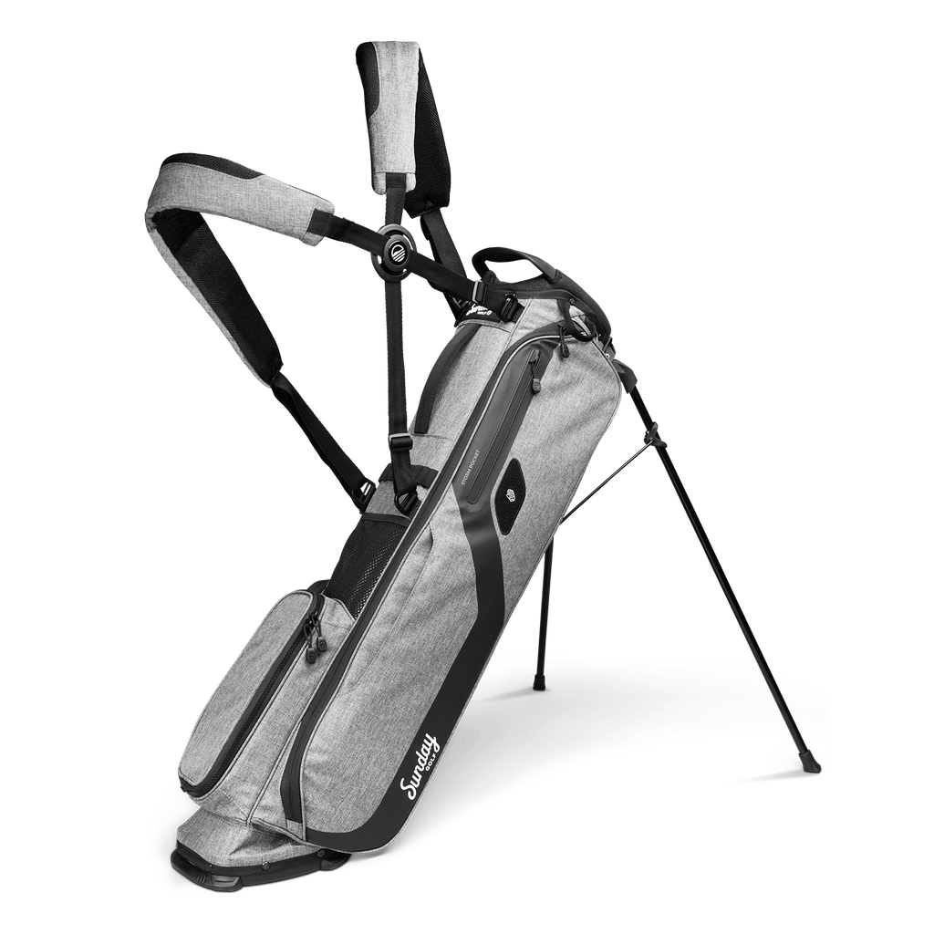 A full front shot of standing El Camino golf bag in heather gray with double strap