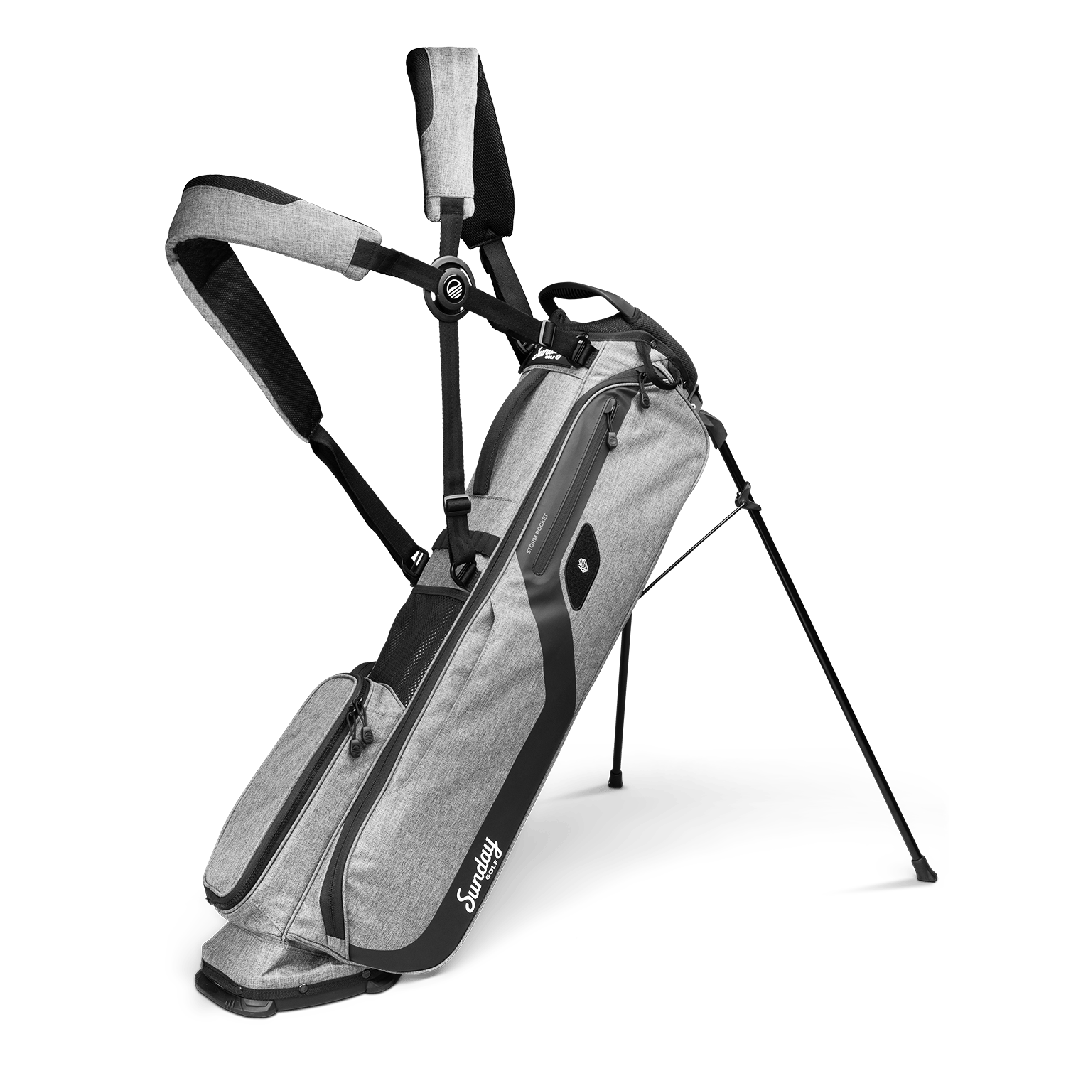 A full front shot of standing El Camino golf bag in heather gray with double strap