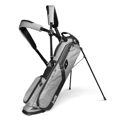 heather gray El Camino golf bag by Sunday Golf showing double cross strap and extended legs