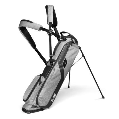 A full front shot of standing El Camino golf bag in heather gray with double strap