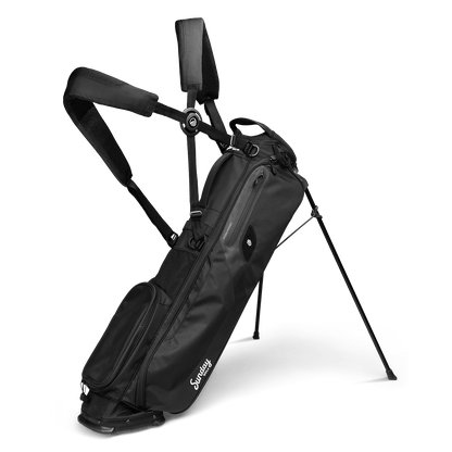 A full front shot of standing El Camino golf bag in matte black with double strap