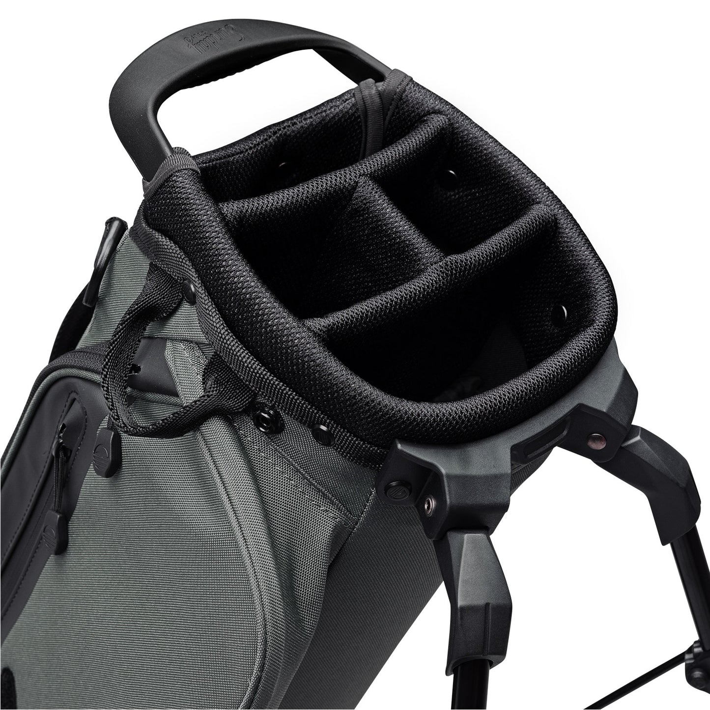 A close up top view of a midnight green El Camino golf bag's 4 way divider