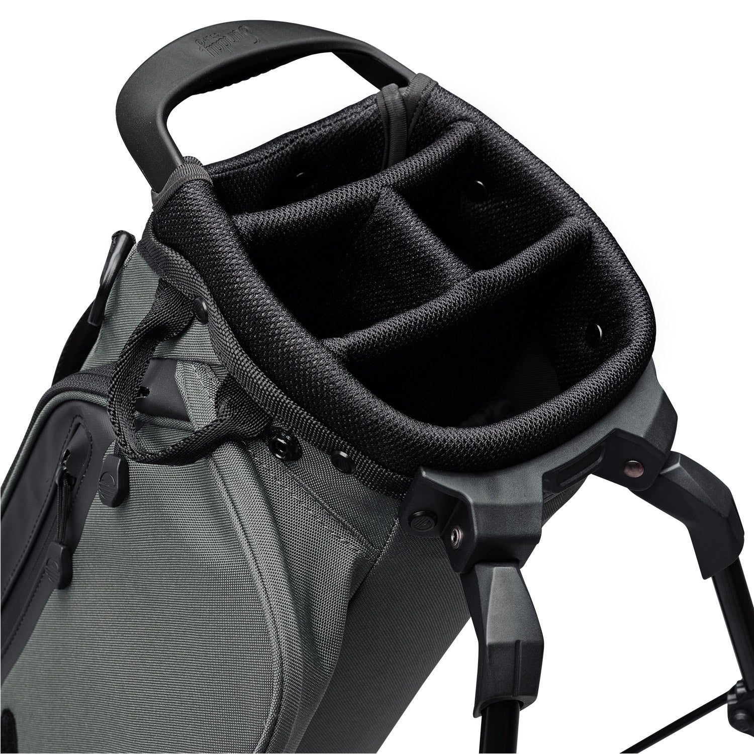 A close up top view of a midnight green El Camino golf bag's 4 way divider